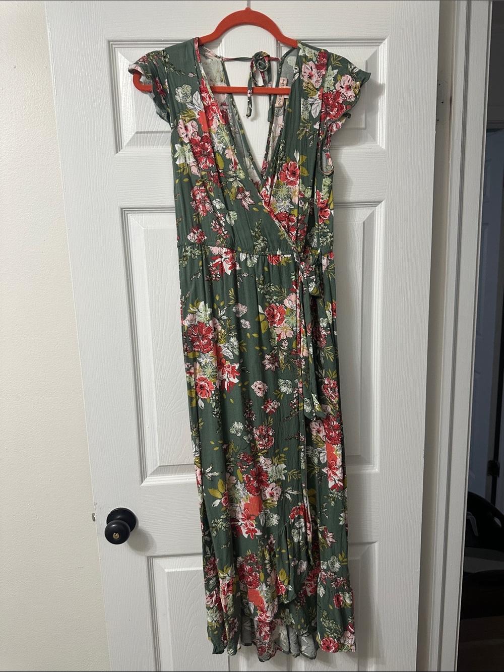 Olive Green Floral Wrap Maxi Dress with Tie Waist